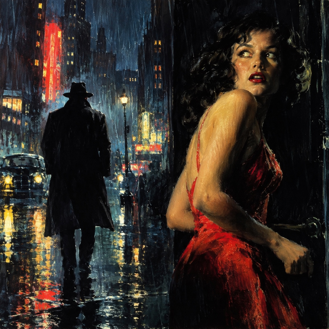 A painted noir scene of a man in a trench coat and a woman in a red dress on a rainy neon street.