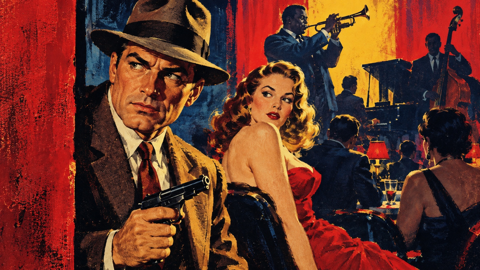 A painted noir cover: a man with a pistol and a woman in a black dress in a red nightclub with a jazz band.