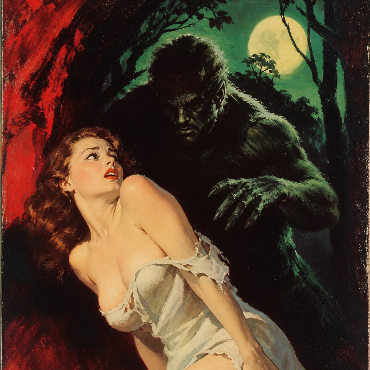 A painted cover of a woman recoiling from a green creature under a full moon.