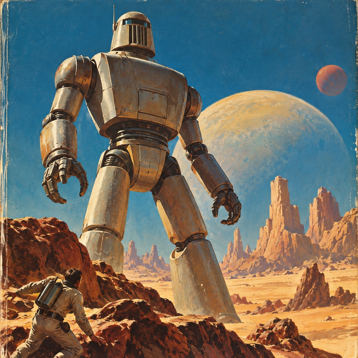 A painted cover of a giant robot striding across a red desert past an astronaut, planets in the sky.