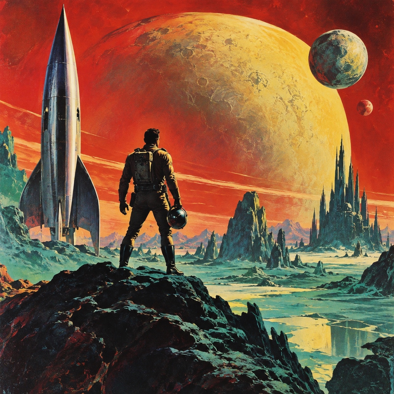A painted cover of a man beside a rocket on an alien shore under red skies and two moons.