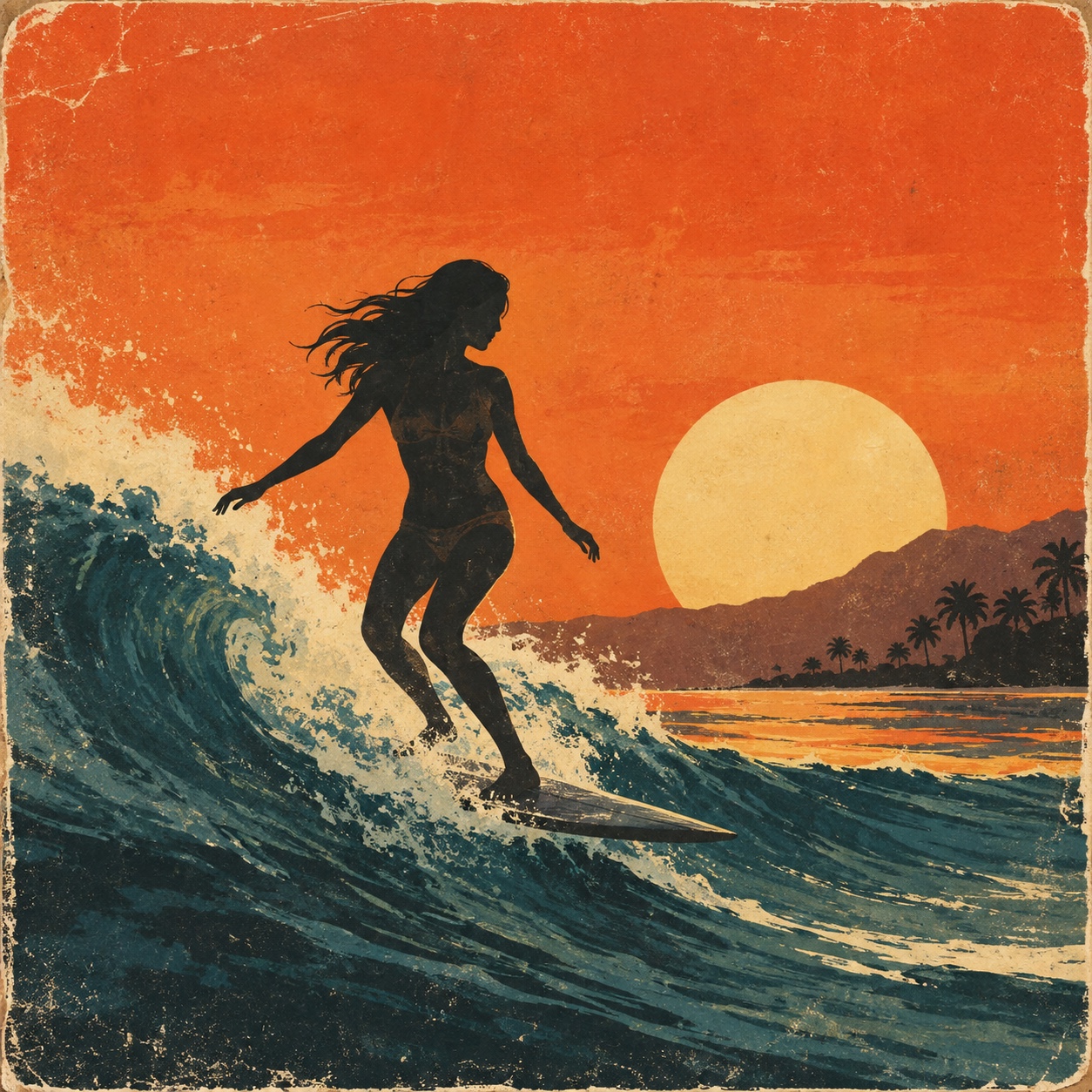 A painted cover of a surfer on a wave against an orange sunset, with worn edges.