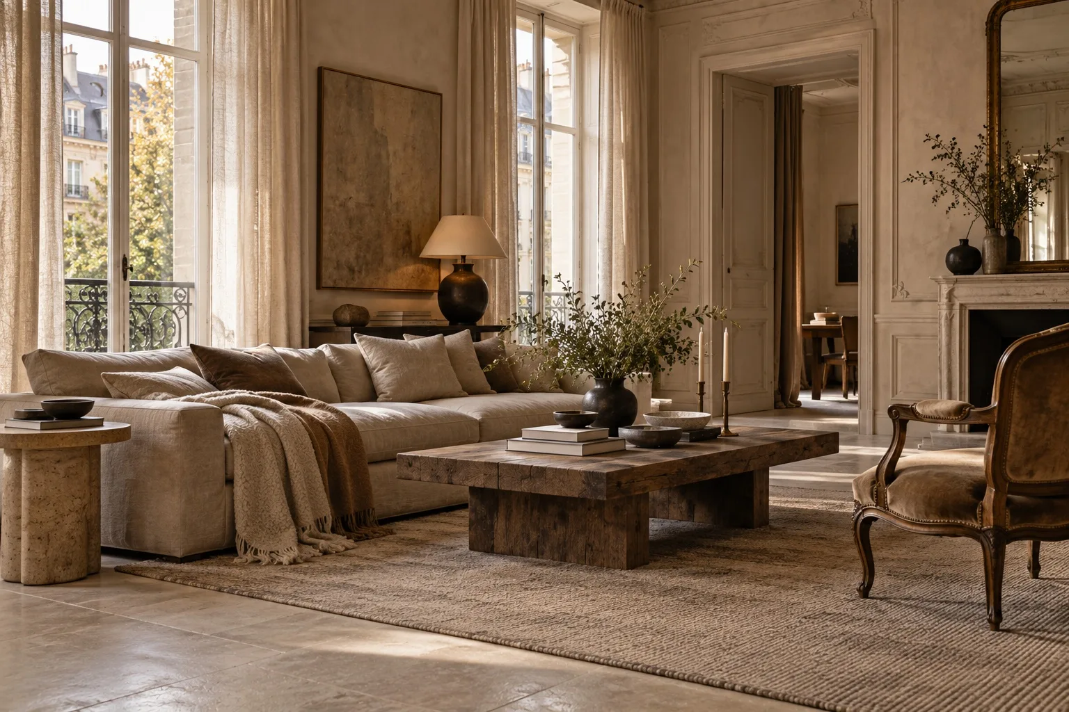 A Parisian salon in oatmeal and stone, a deep linen sofa, an aged oak table, an antique chair and tall windows with linen curtains.