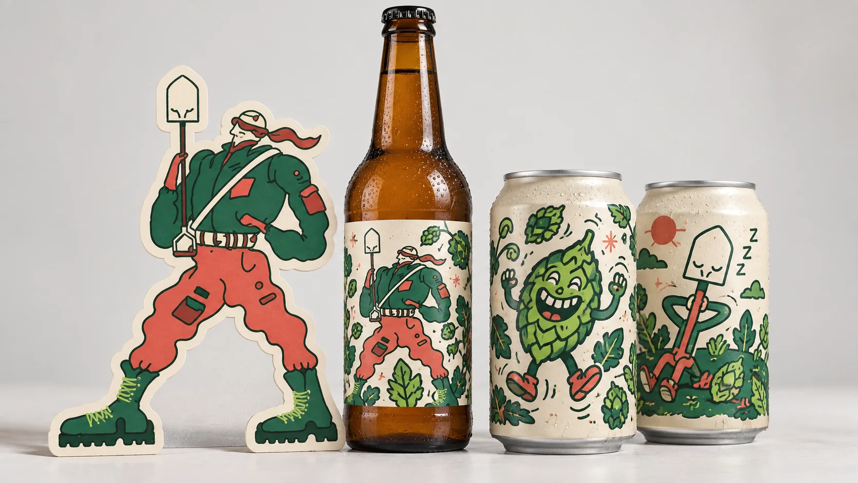 Beer cans and a bottle feature an awkward gardener, grinning hop cone and sleepy shovel characters.