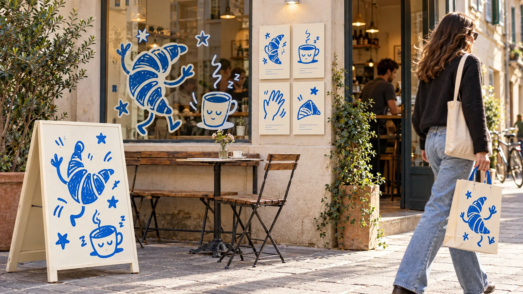 A café storefront applies dancing croissants and sleepy cup doodles across its sign, window and shopping bag.