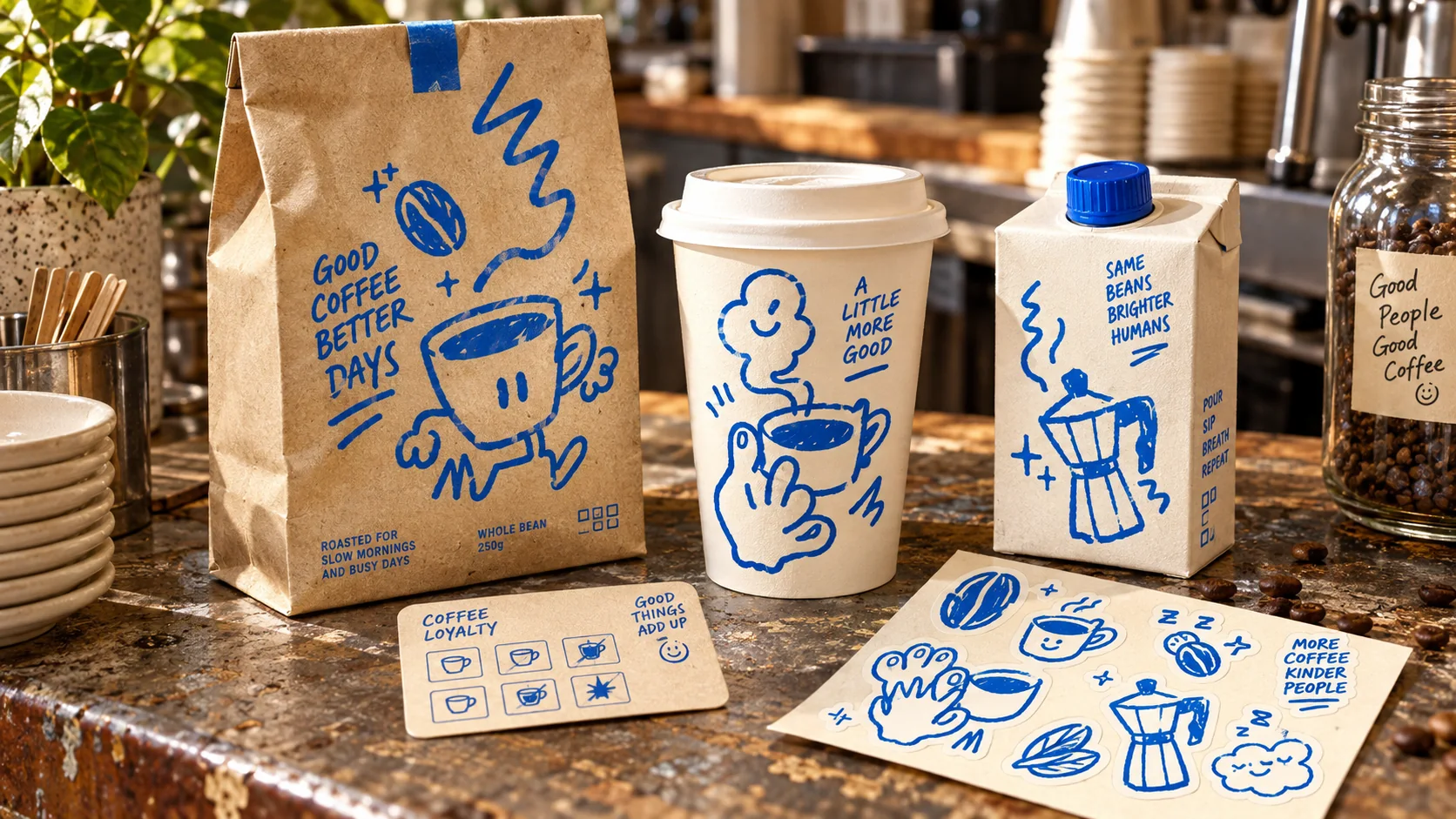 Coffee bags, cups, cartons and stickers carry loose cobalt hand-drawn characters.
