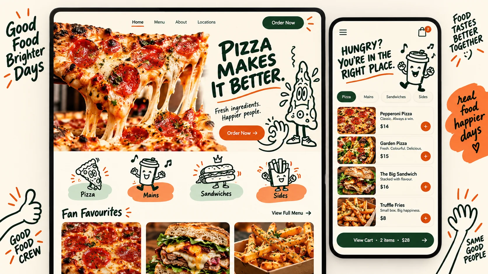 A food-ordering interface mixes real product photography with lively hand-drawn food characters.