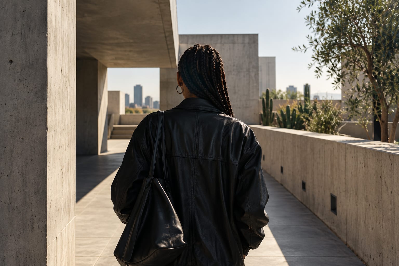 A figure photographed from behind, back to the camera, looking into the scene ahead.