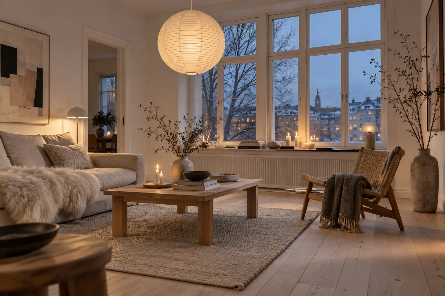 A white Nordic living room at dusk with pale floorboards, a sheepskin on a linen sofa, a paper pendant lamp and candles by the window.