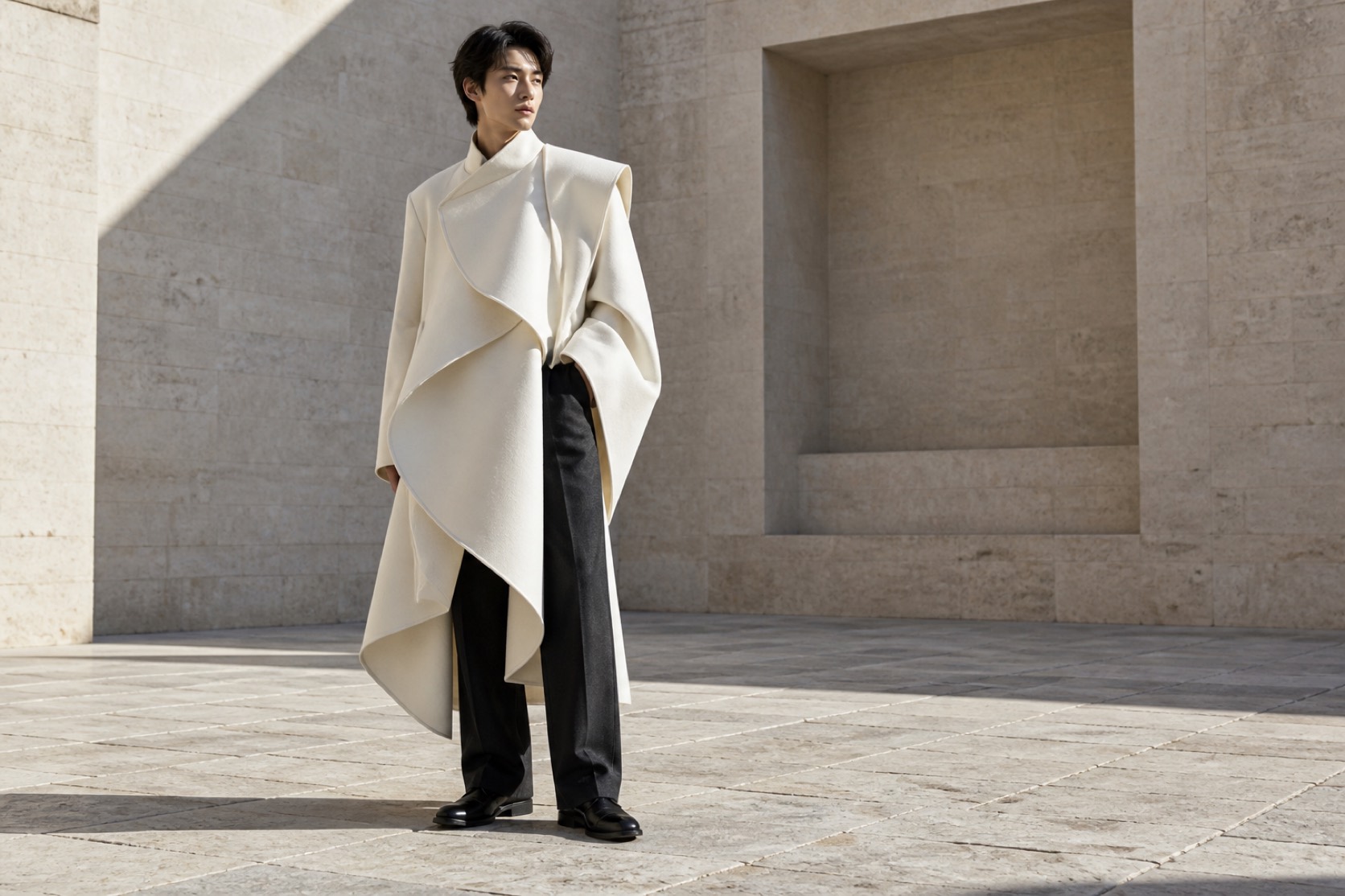 A model wears an ivory sculptural cape coat in a limestone courtyard.