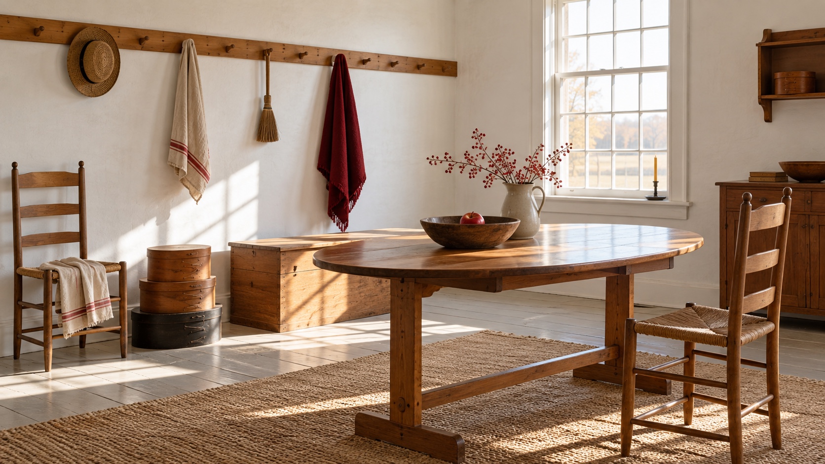 A whitewashed room with a peg rail, a long pine table, ladder-back chairs and oval boxes in window light.