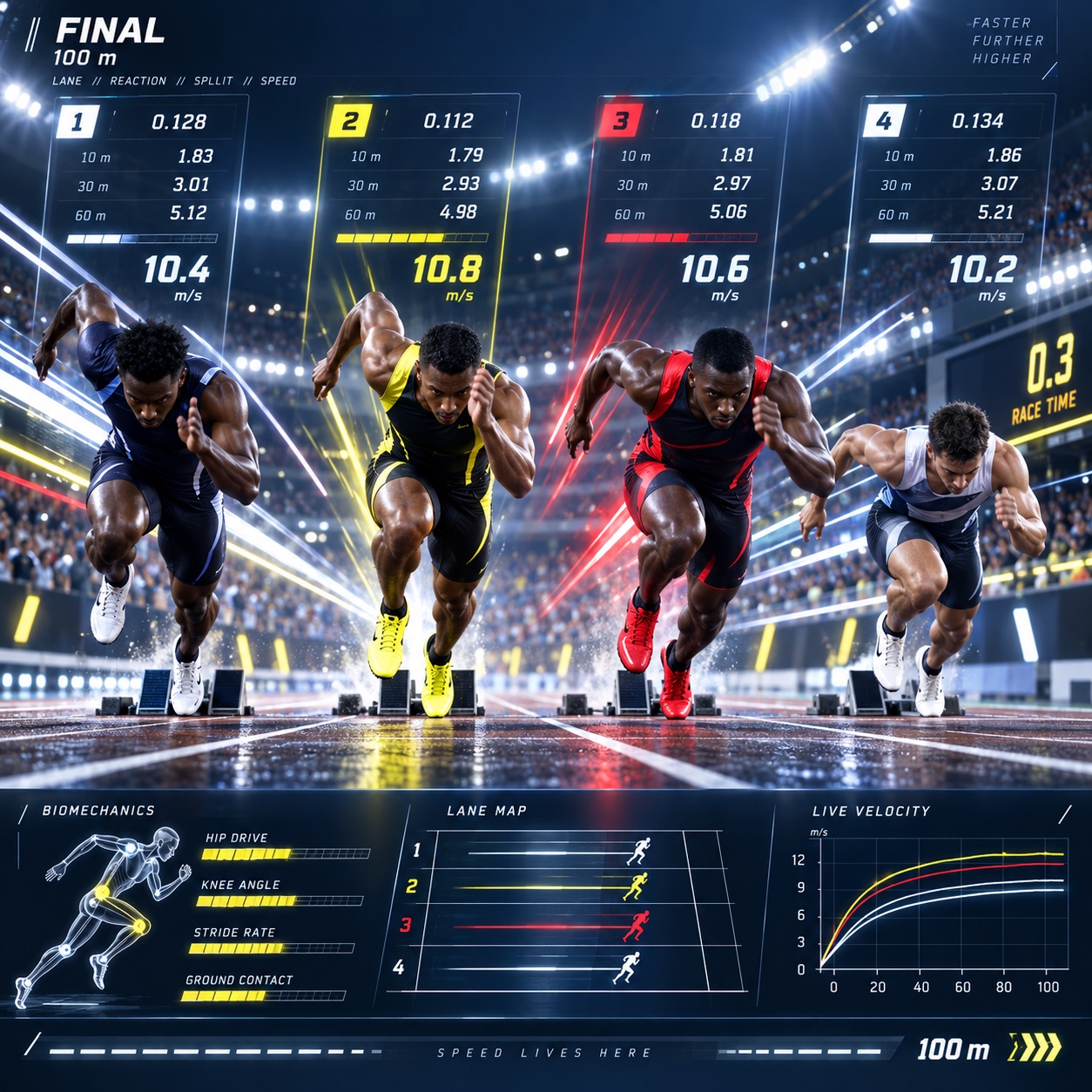 Sports-Game UI aesthetic: Sprint dossier scene