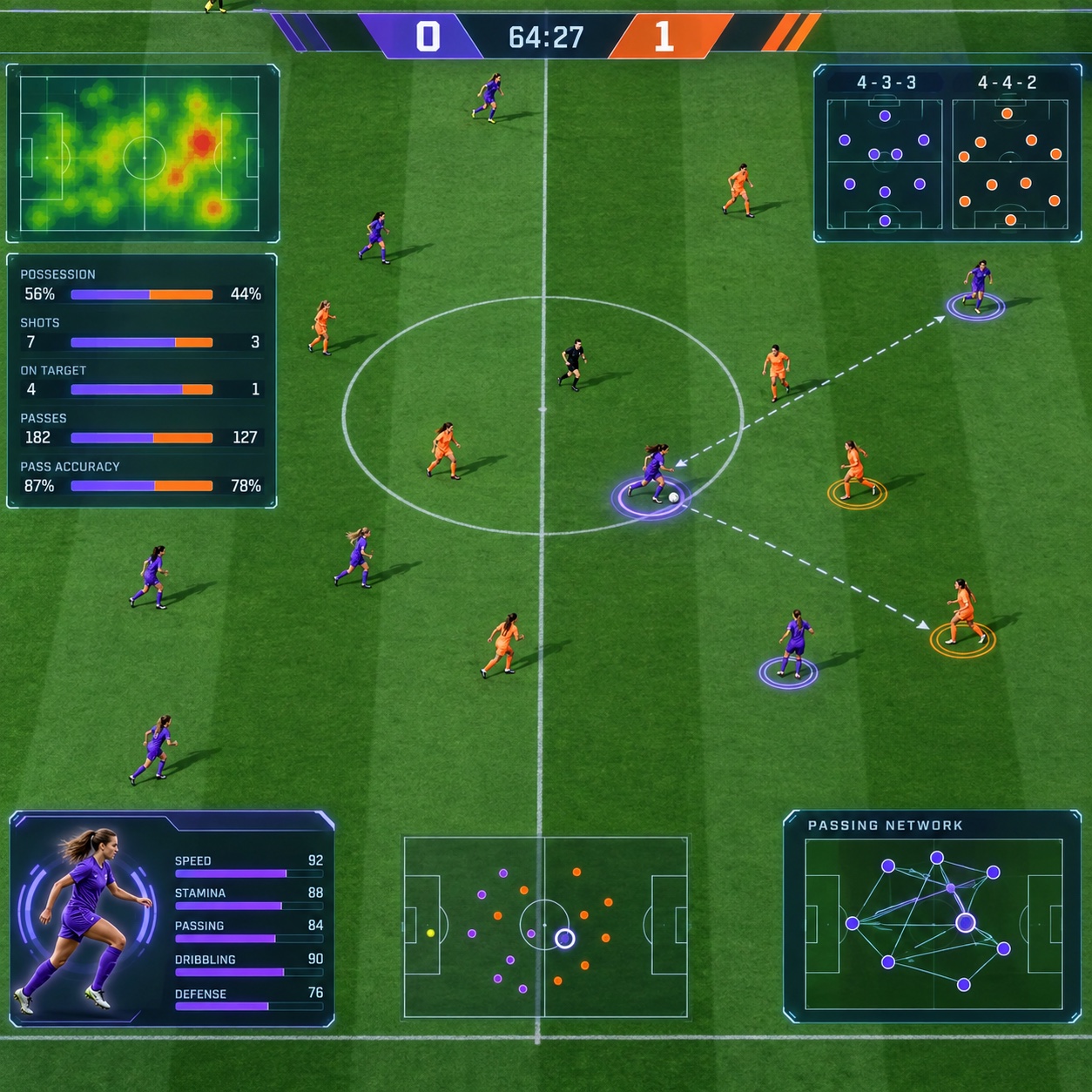 Sports-Game UI aesthetic: Tactics dossier scene