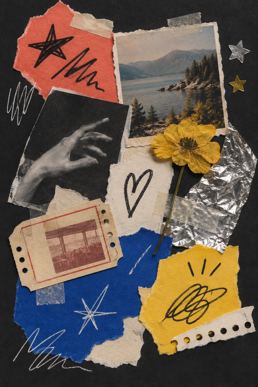 Torn coloured paper, a lake snapshot, a pressed yellow flower, foil scraps and scribbles on black card.