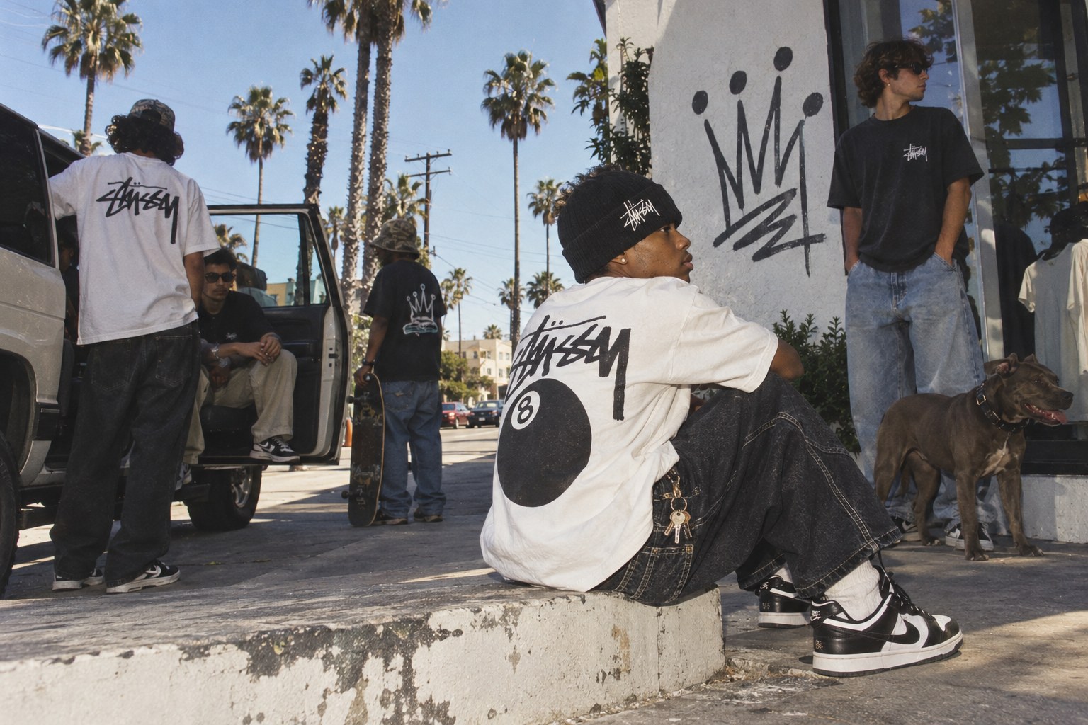 A crew in graphic tees, beanies and baggy jeans hangs out on a Los Angeles sidewalk under palm trees, one sitting on the curb with a dog nearby.