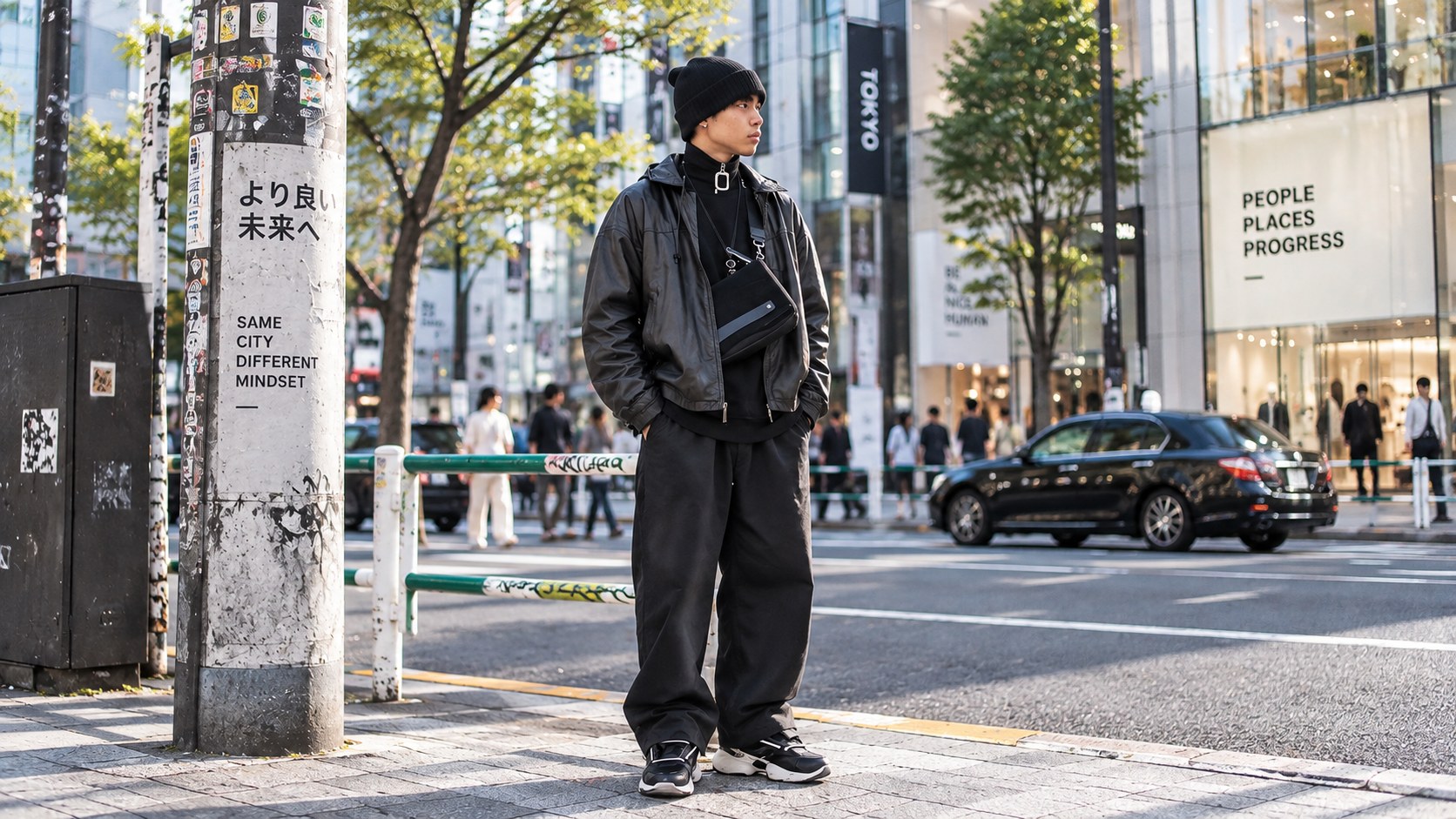 A man in a black leather jacket, wide black trousers and a beanie stands on a Tokyo street corner in afternoon sun.