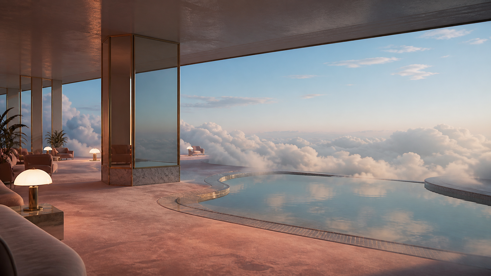 Surreal Dreamcore aesthetic: Cloud pool dossier scene