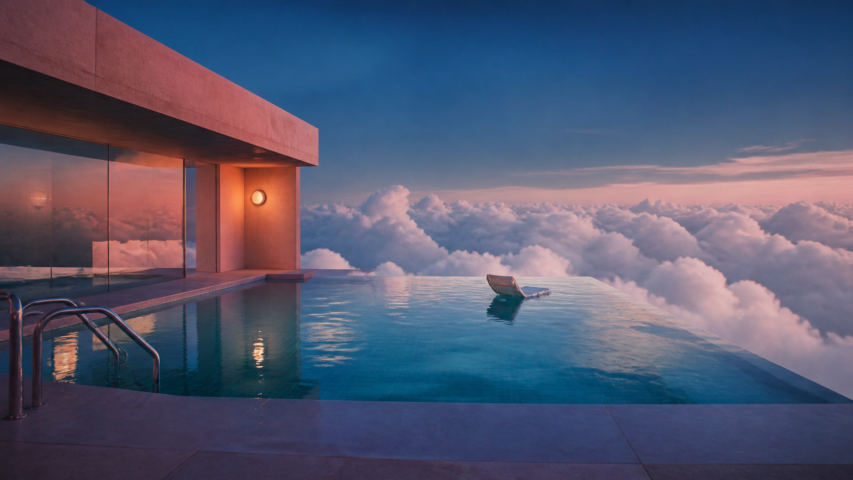 Surreal Dreamcore aesthetic: Infinity pool dossier scene