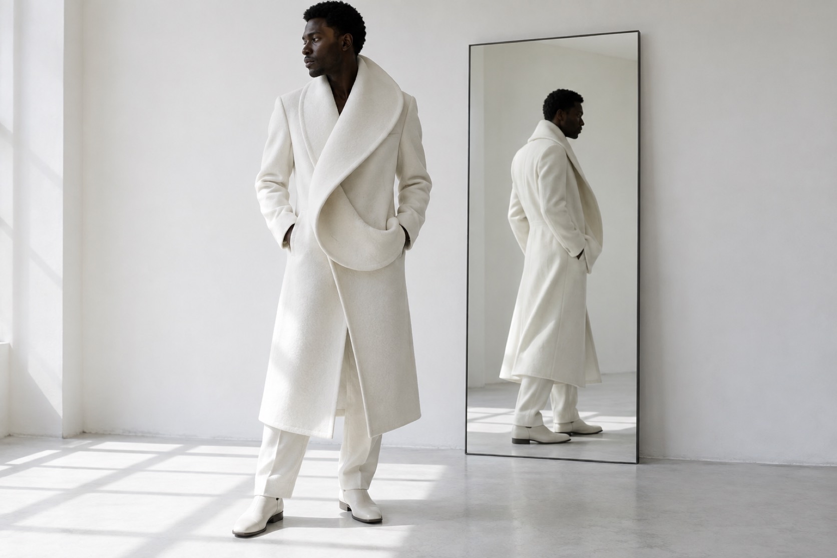 A model in a white loop-lapel coat stands beside a tall mirror.
