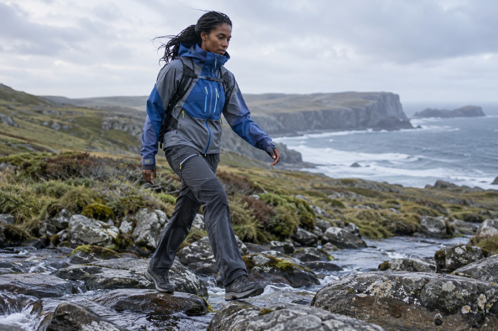 A model in technical sportswear steps across a rocky coastal stream.