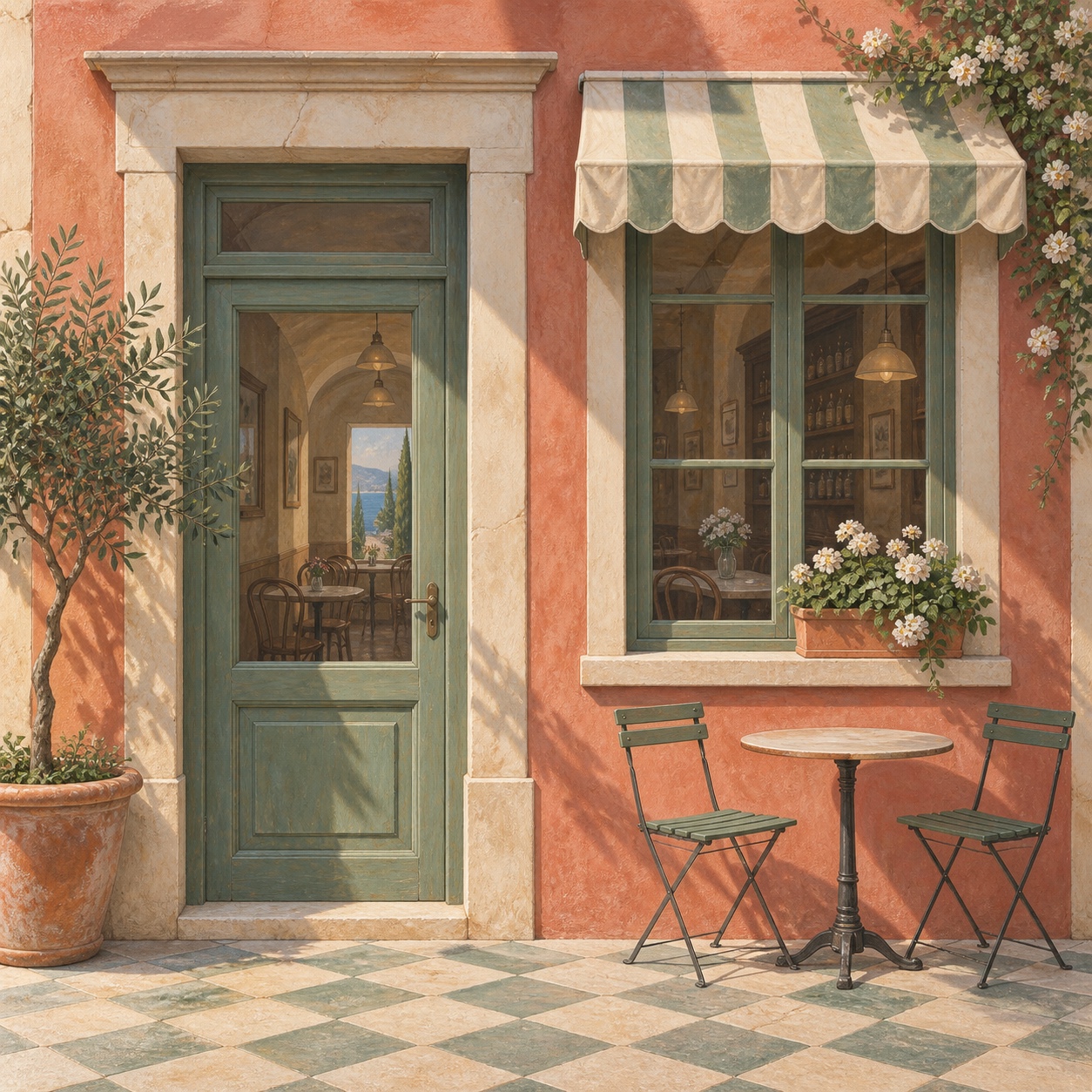 A peach-plastered cafe front with a painted green door, striped awning and window boxes, a real table and chairs outside.