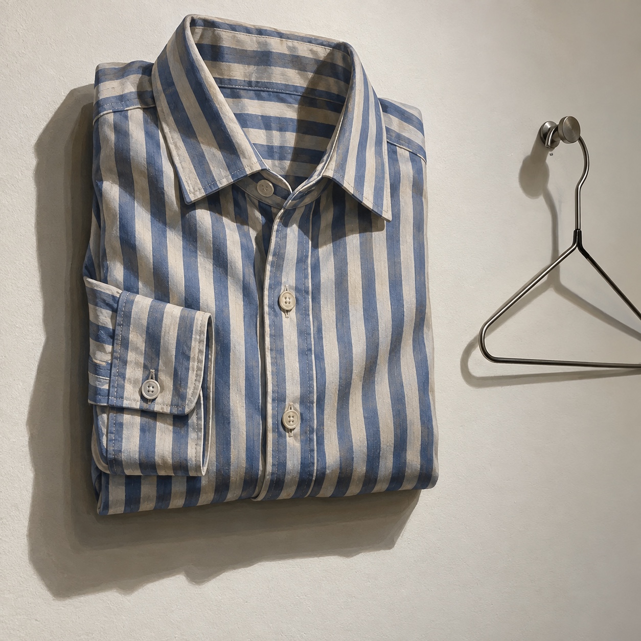A blue striped shirt painted flat on a wall with a painted hanger and shadow, folded as if hanging.