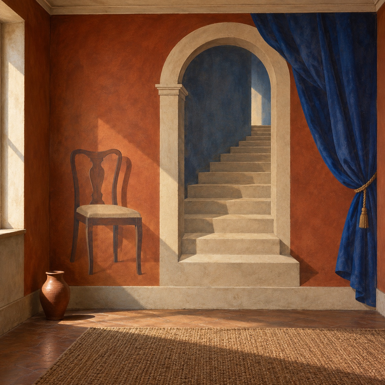 A terracotta room with a painted arch, staircase, blue curtain and chair casting painted shadows.