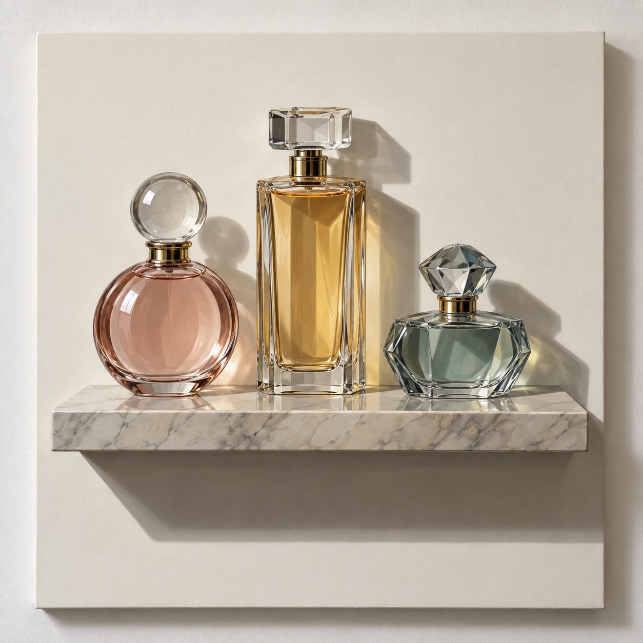 Three perfume bottles painted on a wall above a real marble shelf, with painted shadows.