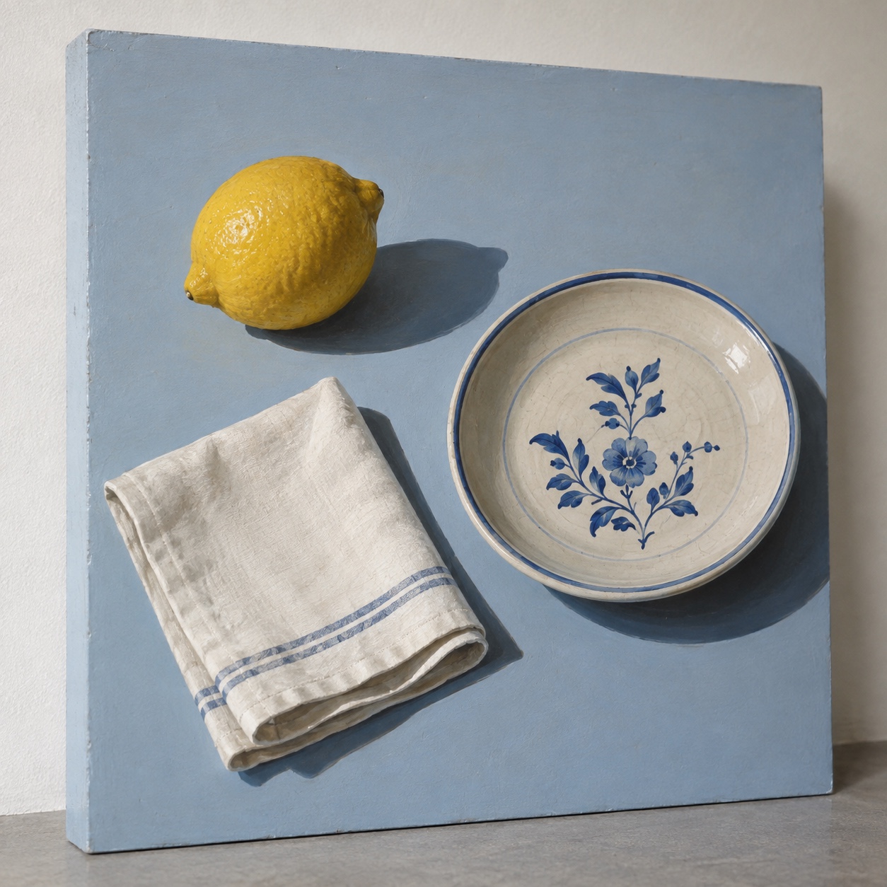 A lemon, a folded napkin and a blue-and-white plate painted on a pale blue panel with cast shadows.