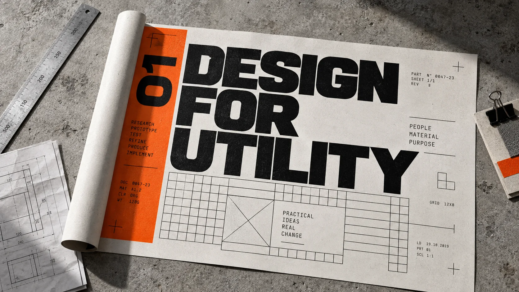A printed manual open on a concrete floor, its cover reading Design for Utility in black and safety orange, a knife and a tape beside it.