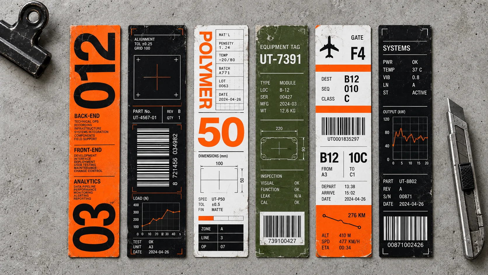 Five equipment labels in orange, black, olive and white, each with a part number, a barcode and a stamped code, laid on steel.