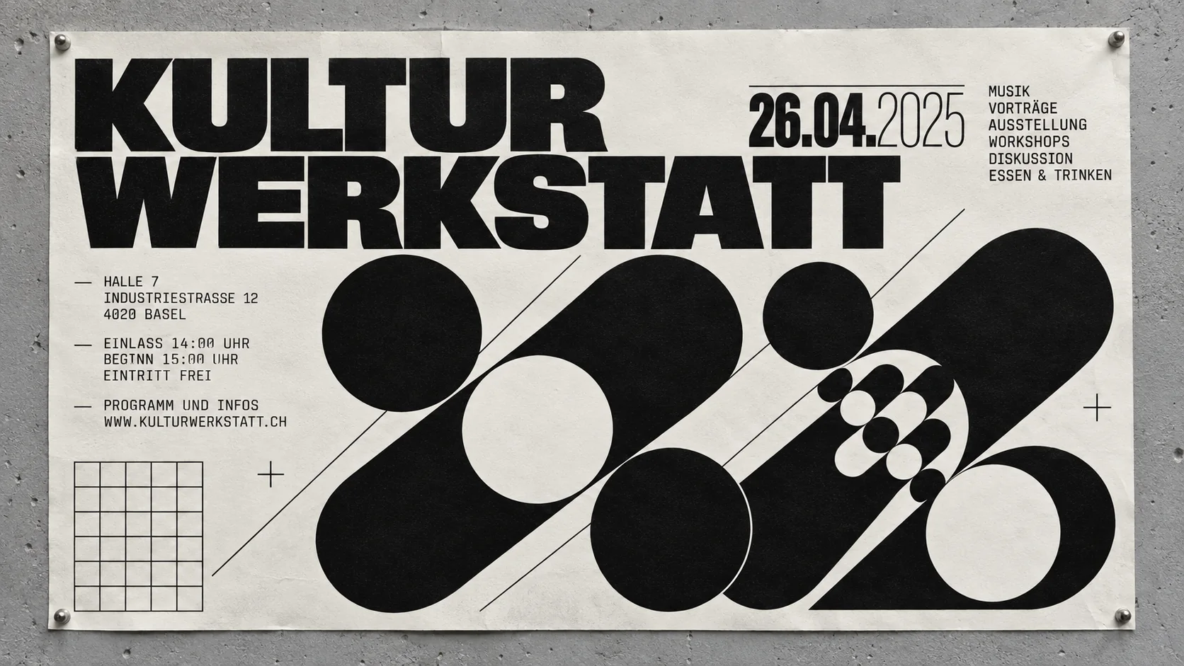 A Kulturwerkstatt poster in heavy black grotesque on white with a date, a programme in small type and black circles.