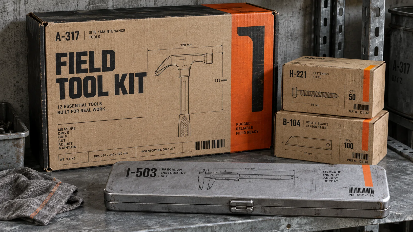 Kraft boxes stencilled Field Tool Kit with part numbers and a hammer diagram, beside a stamped aluminium case.