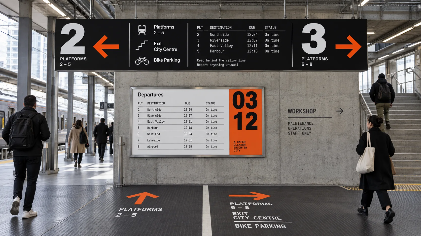 Black platform signs with orange arrows and white numerals in a concrete station, a departures board and floor markings.