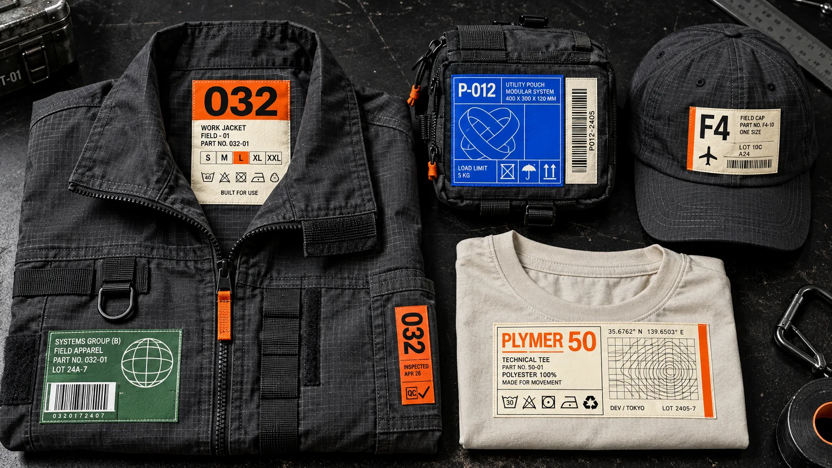 A black work jacket, cap and grey tee laid flat, each carrying orange and black printed labels with codes and a globe mark.