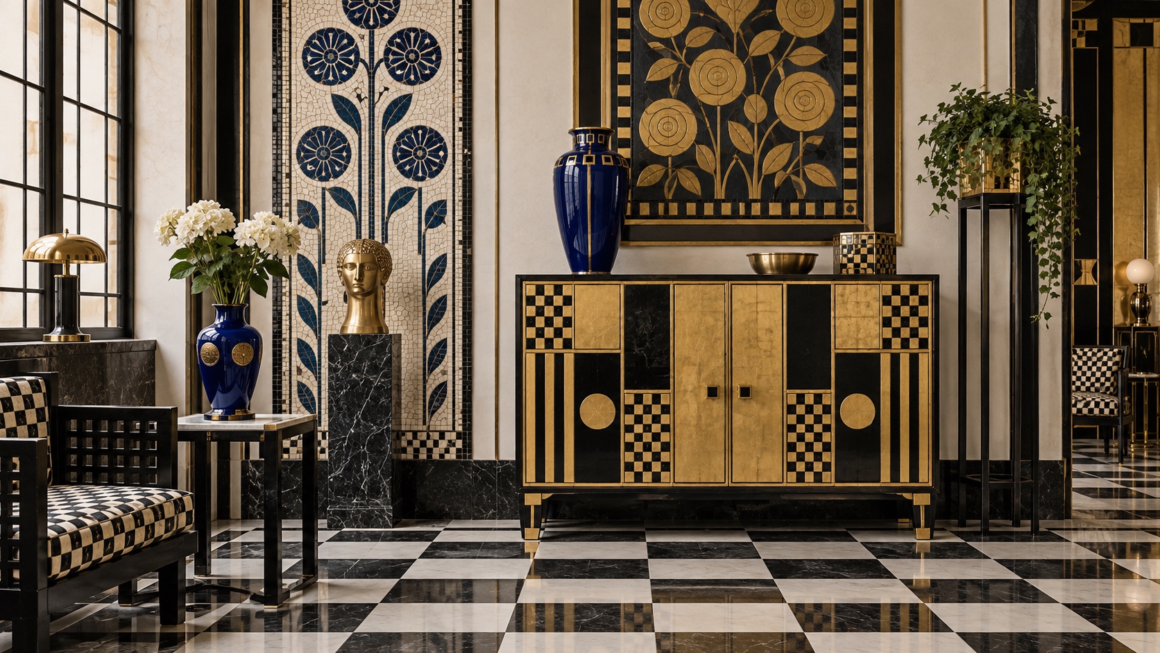 A black-and-white checkerboard interior with a gilded cabinet, a cobalt vase and stylised flower panels.