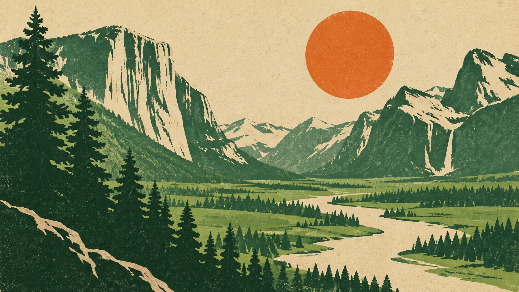A screen-printed valley of pines, cliffs and a river under an orange sun, in green, ochre and cream.